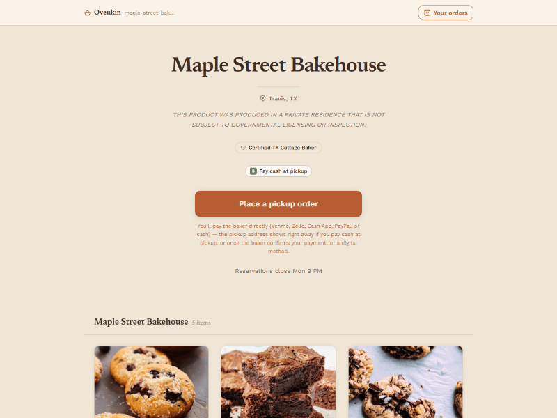Public storefront page for Maple Street Bakehouse showing menu items, certified Texas cottage baker badge — pickup address hidden until payment